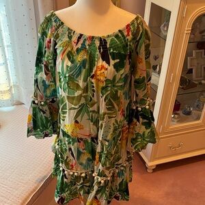 Floral Off-Shoulder Dress with Pom-Pom Trim